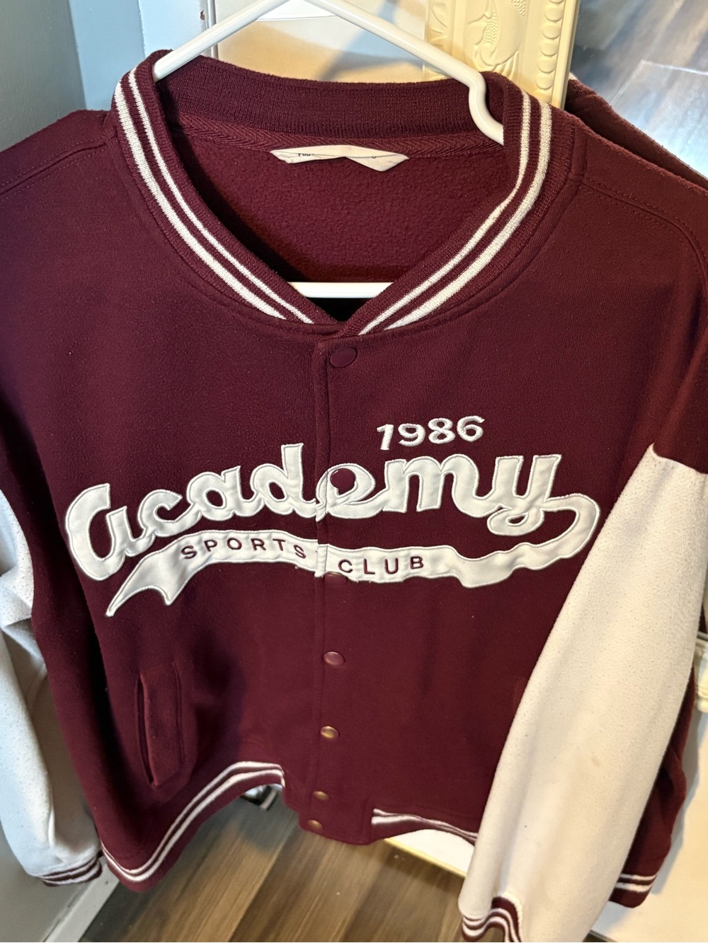 Maroon & White 1986 Academy Sports Club' Varsity Jacket